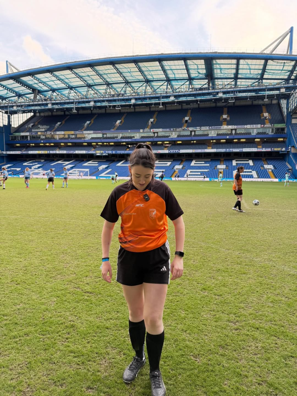 Creator Ally Flan playing at Stamford Bridge for the REIGN Storm x Chelsea tournament