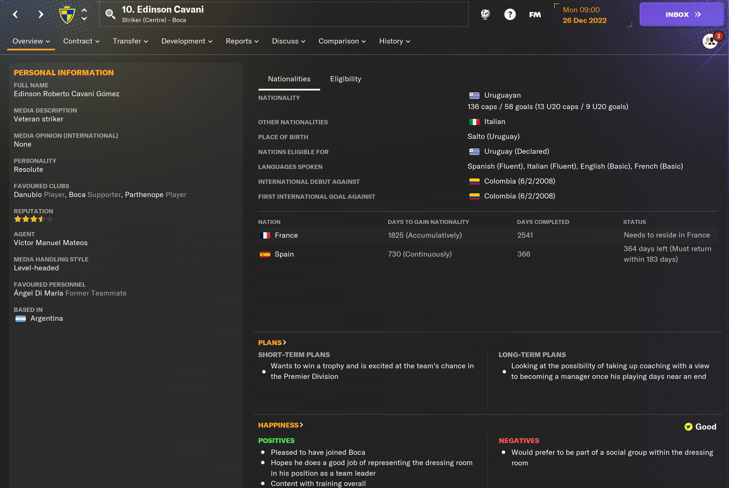Edinson Cavani's Football Manager 2024 player page showing personal details including favorite clubs and second nationalities
