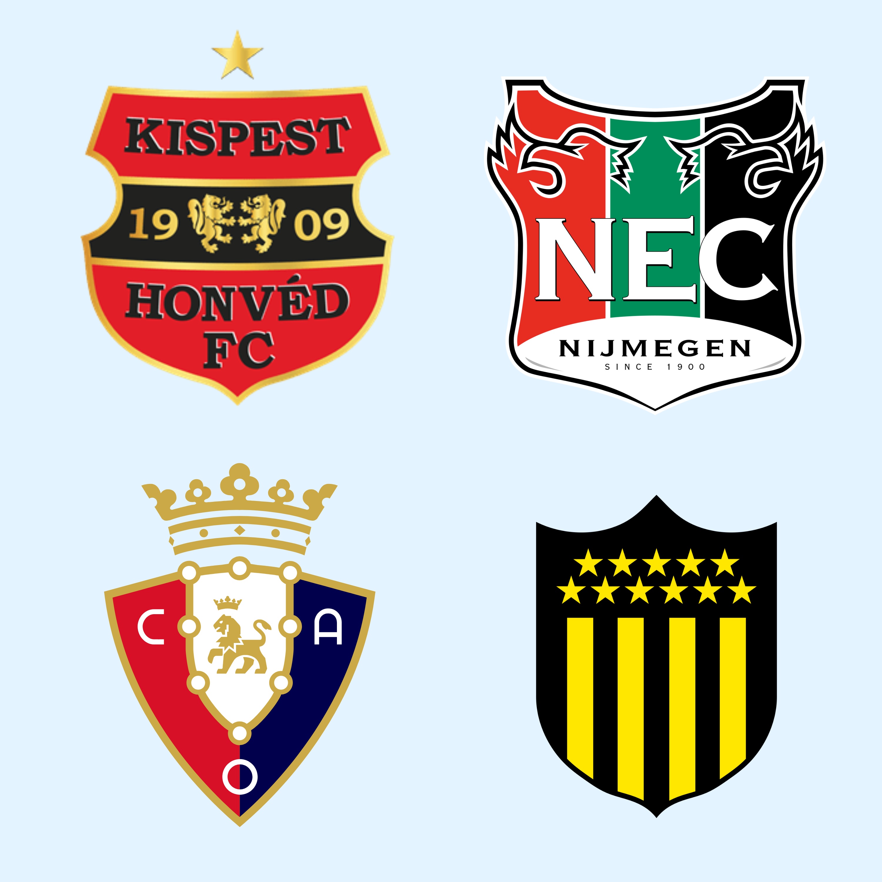 Hungarian footballer Krisztián Vadócz and some of his clubs -- Osasuna Logo, Penarol Logo, NEC Nijmegen Logo, Honved Logo